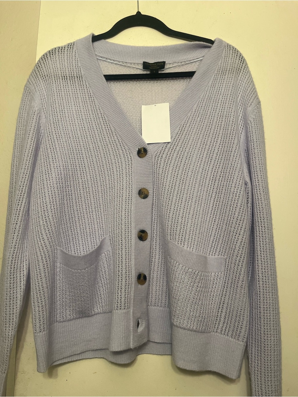 Charter Club Cashmere Lavender V-Neck Button Front Cardigan, Brand New